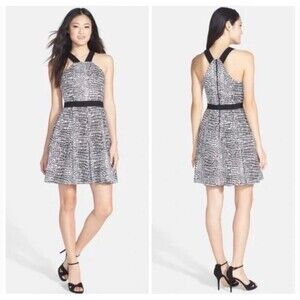 NWT Trina Turk Dress 0 Zola White Black Fit Flare High Neck Pleat Preppy Party